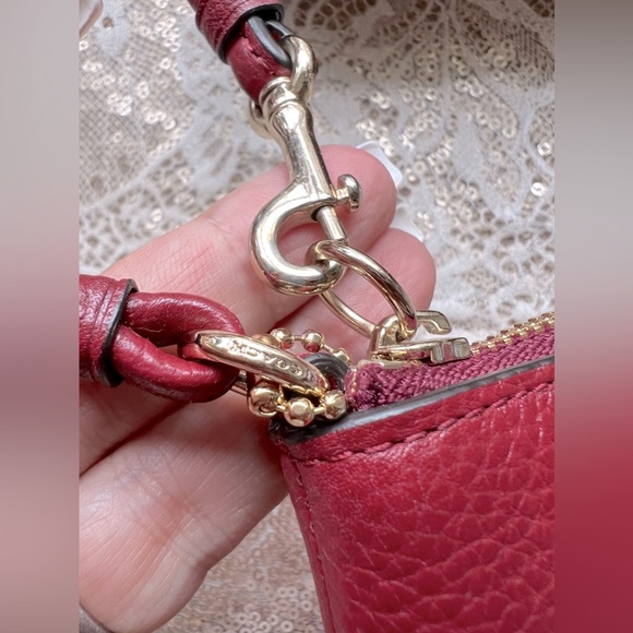 COACH Like New! Beaded Cranberry Corner Zip Pebble Leather Wristlet - Picture 9 of 13